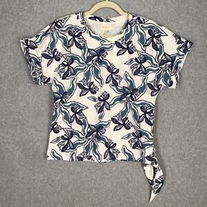 Melloday Top Womens Small White Blue Floral Knit Tie Resort Coastal Basic Jersey